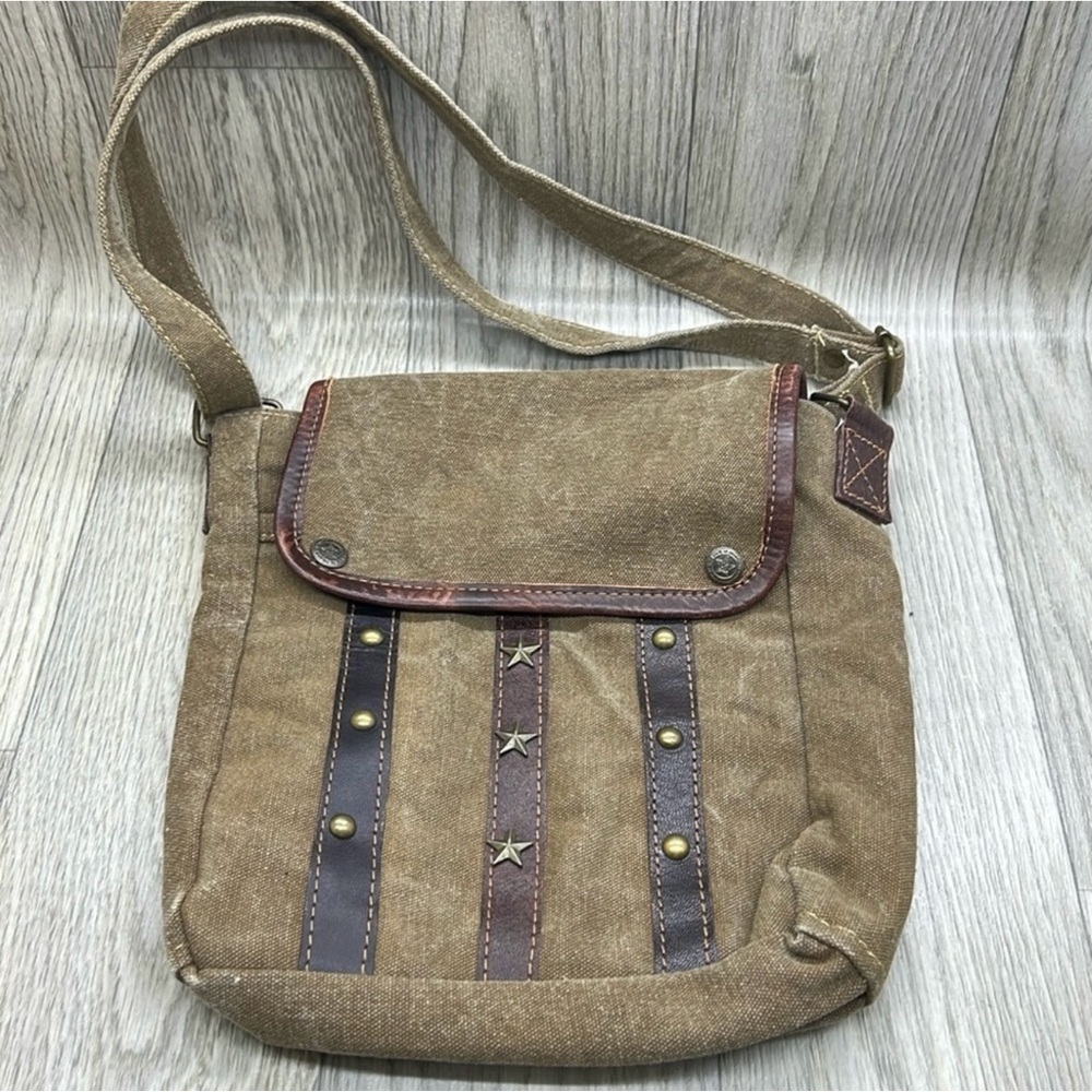 Mona B Brown Canvas Messenger Bag with Leather Accents